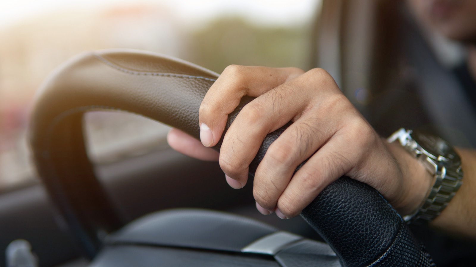 Mano sobre volante de cuero de vehículo ejecutivo